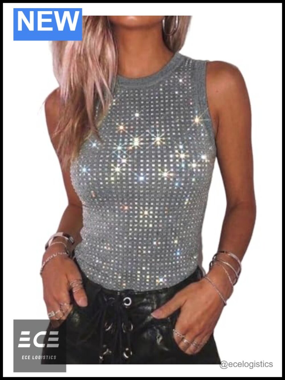 Rhinestone Sleeveless Tank Top Slim Fit Ribbed Summer Party Top